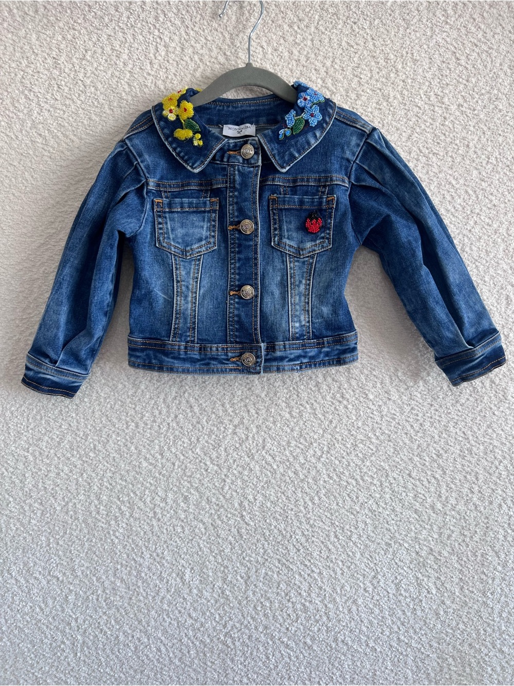 MonnaLisa Toddler Girl Denim Beaded Patch Jean‎ Jacket Size 3T
